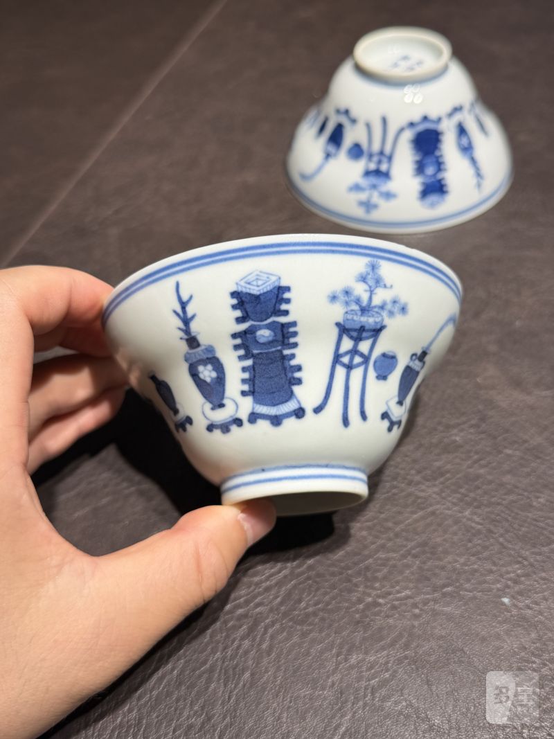 清光绪 青花清供图折腰杯一对 - 图7